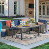 Sonoma Husk Outdoor Wicker with Cushions 3 Piece Swivel Sofa Group + 65 x 33 in. Duraboard Lounge Height Coffee Table