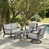 Montecito Charcoal Aluminum with Cushions 4 Piece Swivel Loveseat Group + 48 x 26 in. Coffee Table