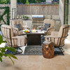 Vinings Chocolate Wrought Iron and Beige Linen Cushion 5 Pc. Swivel Chat Group with B. Gold Top 42 in. Sq. LP Fire Pit Table