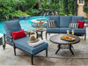 Essex Brushed Bronze Aluminum and Cast Lagoon Cushion 4 Pc. Sofa Group with Chaise and 42 in. Coffee Table