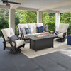 Eclipse Autumn Rust Aluminum and Pashmina Cloud Cushion 4 Pc. Swivel Sofa Group with 58 x 36 in. Slat Top Gas Fire Pit