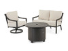 Hill Country Aged Bronze Aluminum and Cast Pumice Cushion 3 Pc. Swivel Loveseat Group with 36 in. D Fire Pit Coffee Table