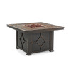 Vinings Chocolate Wrought Iron and Indigo Cushion 5 Pc. Swivel Chat Group with B. Gold Top 42 in. Sq. LP Fire Pit Table