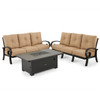 Solstice Aged Bronze Aluminum with Flagship Stone Cushions 3 Piece Sofa Group + 58 x 36 in. Fire Pit Coffee Table
