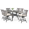Milan Aged Bronze Cast Aluminum with Cushions 7 Piece Swivel Gathering Height Dining Set + 72 x 42 in. D Table
