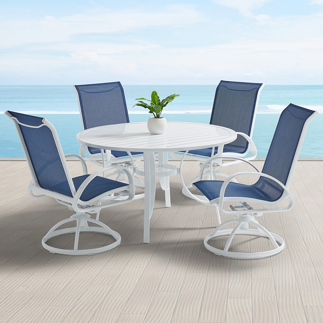 Cape Coral White Aluminum with Navy Sling 5 Piece Swivel Dining Set