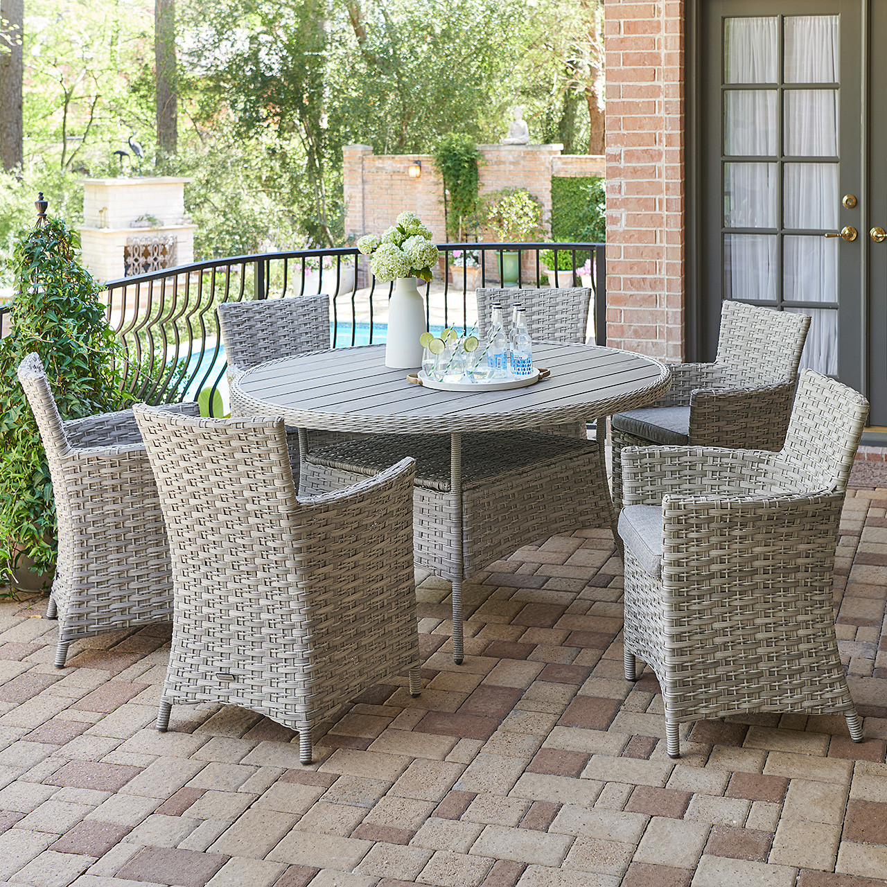 Samoa Slate Outdoor Wicker and Grey Linen Cushion 7 Pc. Dining Set with 58 in. D Bistro Table