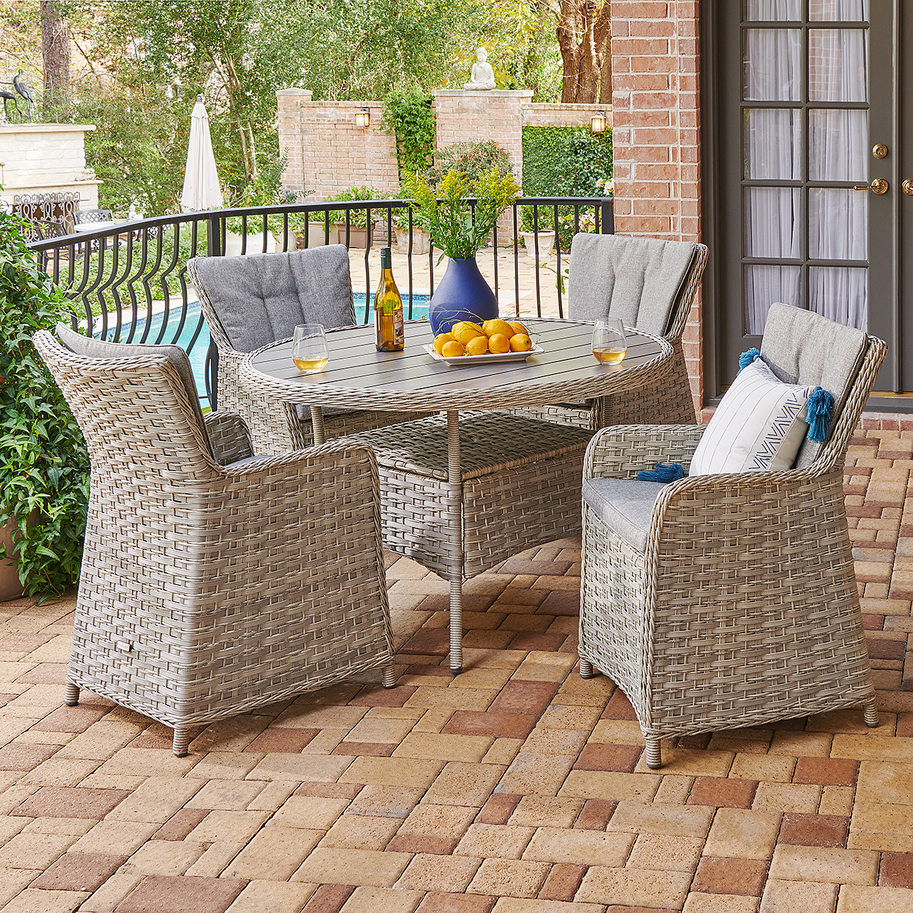 Samoa Slate Outdoor Wicker and Grey Linen Cushion 7 Pc. High Back Dining Set with 58 in. D Bistro Table