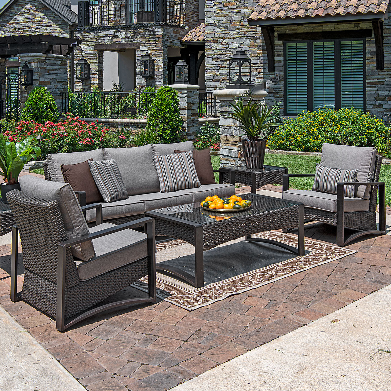 Sienna Aged Bronze Aluminum and Outdoor Wicker with Sea Leaf Cushion 4 Pc. Sofa Group with 52 x 28 in. Coffee Table