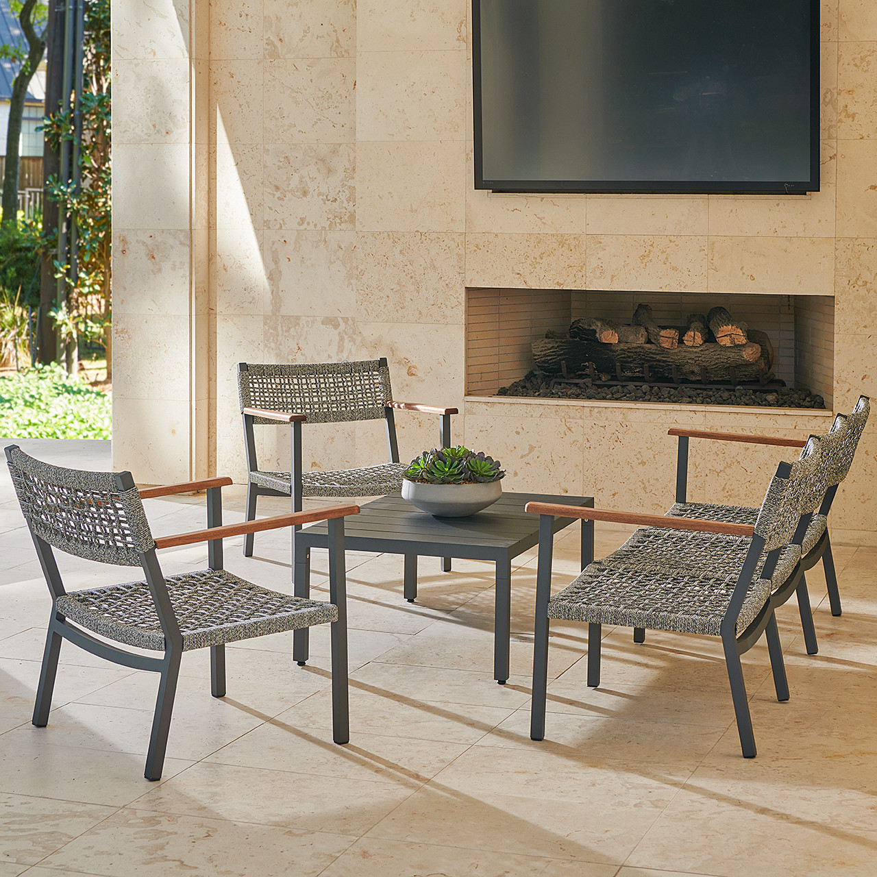 Courtyard Casual Bermuda FSC Teak 4 Piece Seating Set with Sofa, Coffee Table and 2 Club Chairs - Taupe