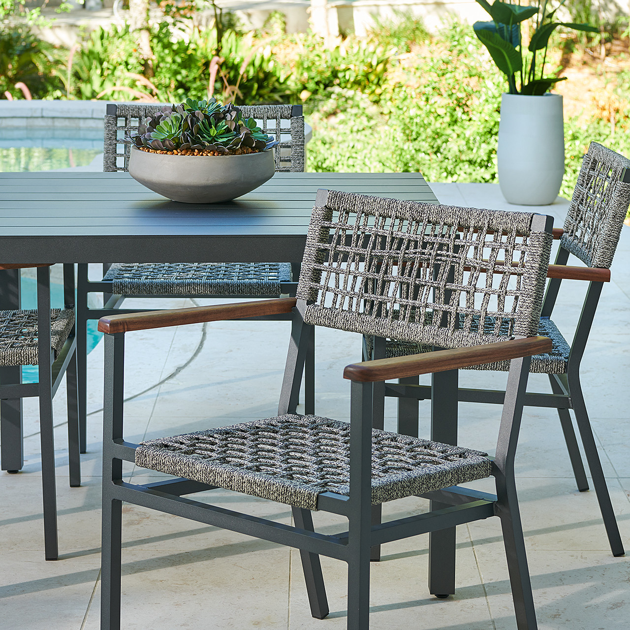 San Miguel Anthracite Aluminum and Grey Linen 5 Pc. Arm Dining Set with 44 in. Sq. Table