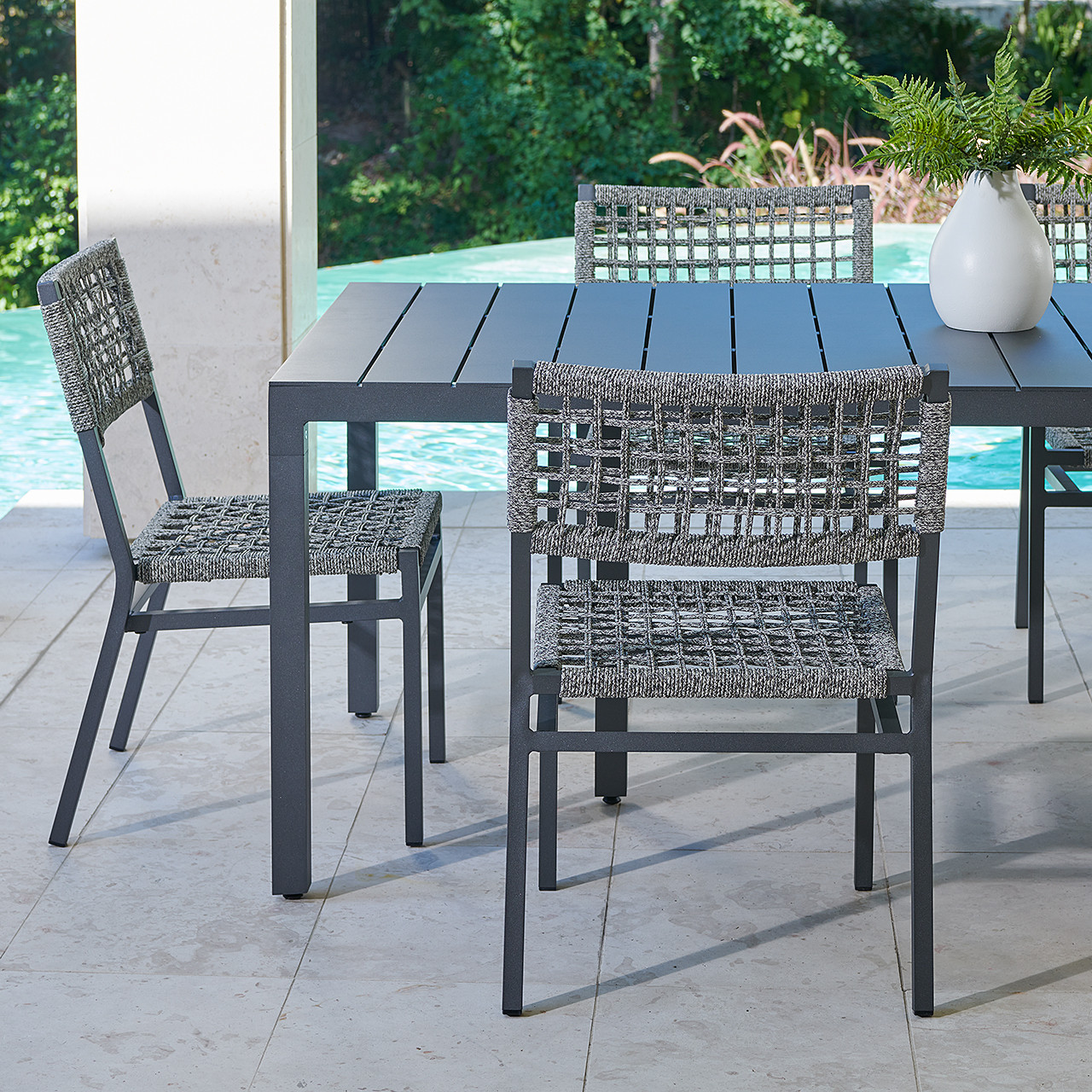 San Miguel Anthracite Aluminum and Grey Linen 7 Piece Side Dining Set with 84 x 42 in. Table