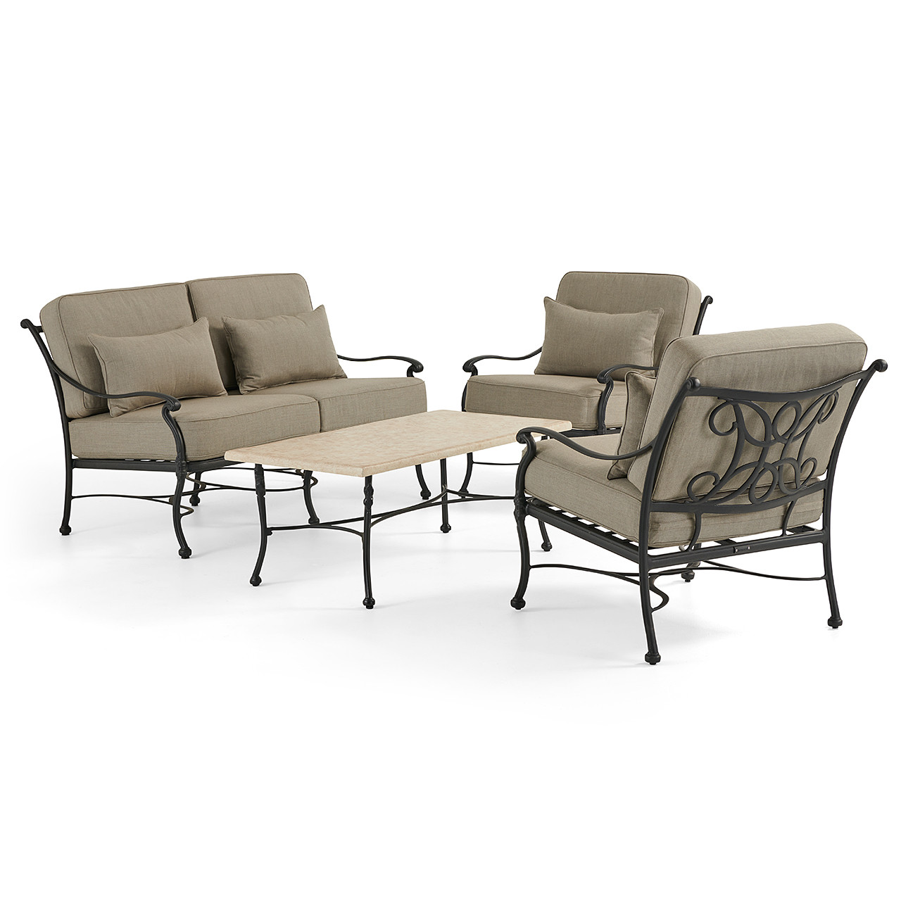 Chateau Rust Cast Aluminum and Cushion 4 Pc. Loveseat Group with 44 x 24 in. Marble Top Coffee Table