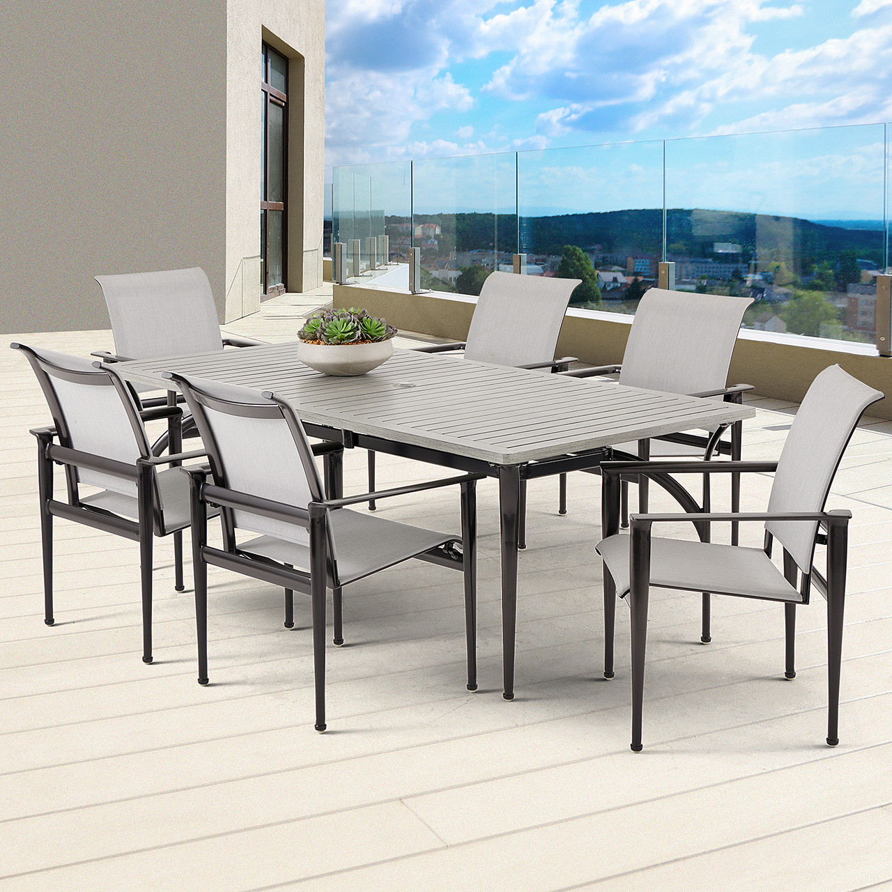 Metro Meteor Aluminum and Silver Sling 7 Piece Dining Set with 84 x 42 in. Rect. Table