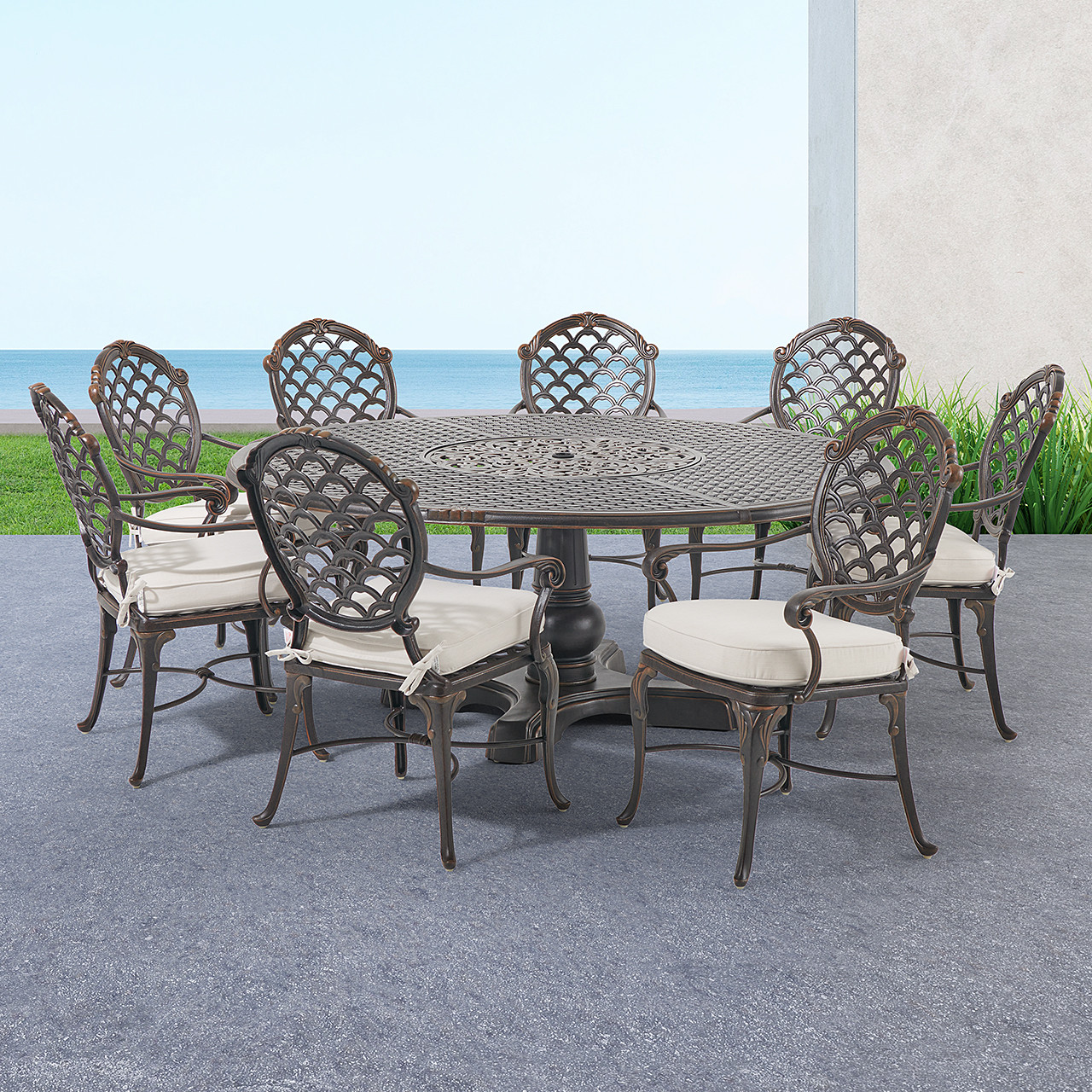 Bordeaux Golden Bronze Cast Aluminum with Cushions 9 Piece Dining Set + 72 in. D Table with Inlaid Lazy Susan