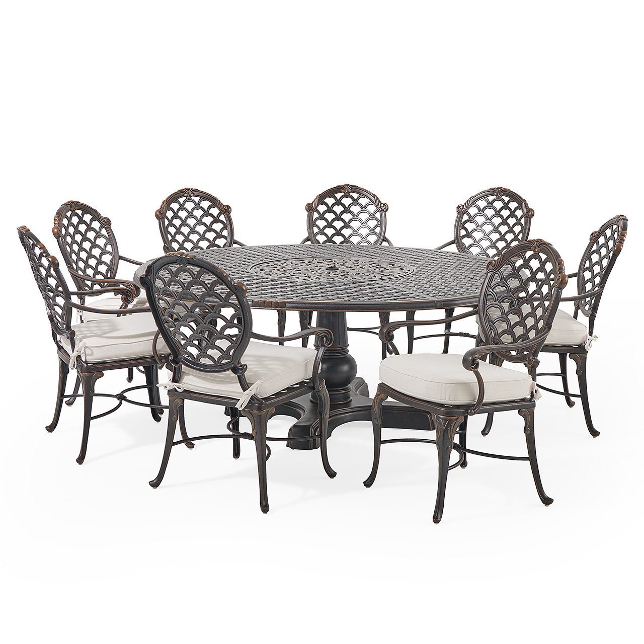 Bordeaux Golden Bronze Cast Aluminum with Cushions 9 Piece Dining Set + 72 in. D Table with Inlaid Lazy Susan