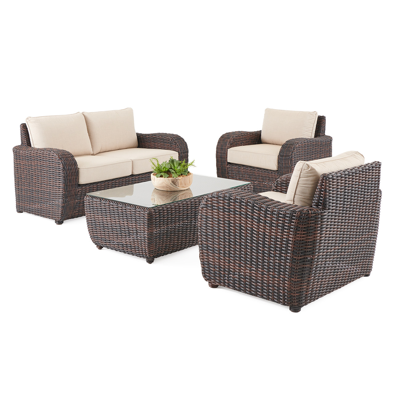 Biscayne Sangria Outdoor Wicker and Cushion 4 Pc. Loveseat Group with 48 x 28 in. Coffee Table