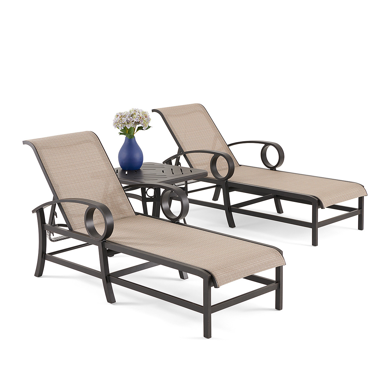 Eclipse Autumn Rust Aluminum with Elevation Stone Sling 3 Piece Chaise Set + 27 in. Sq. Side Table