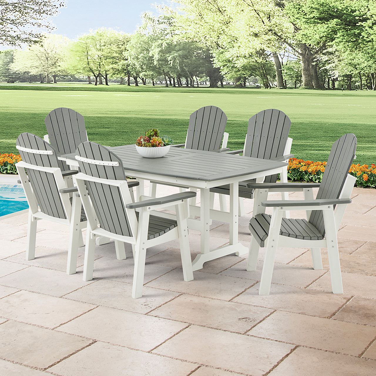 Farmhouse Polymer 7 Piece Dining Set + 72 x 42 in. Slat Top Dining Table