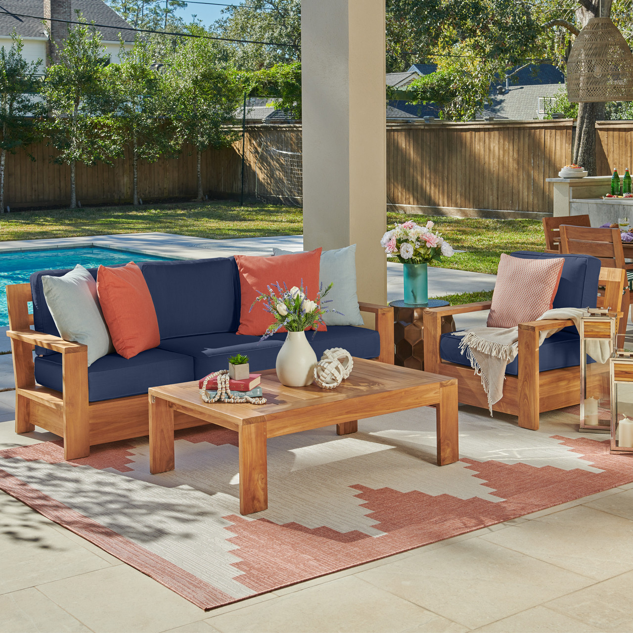 Castello Teak with Cushions 3 Piece Sofa Group + 48 x 24 in. Coffee Table Castello Teak with Cushions 3 Piece Sofa Group + 48 x 24 in. Coffee Table