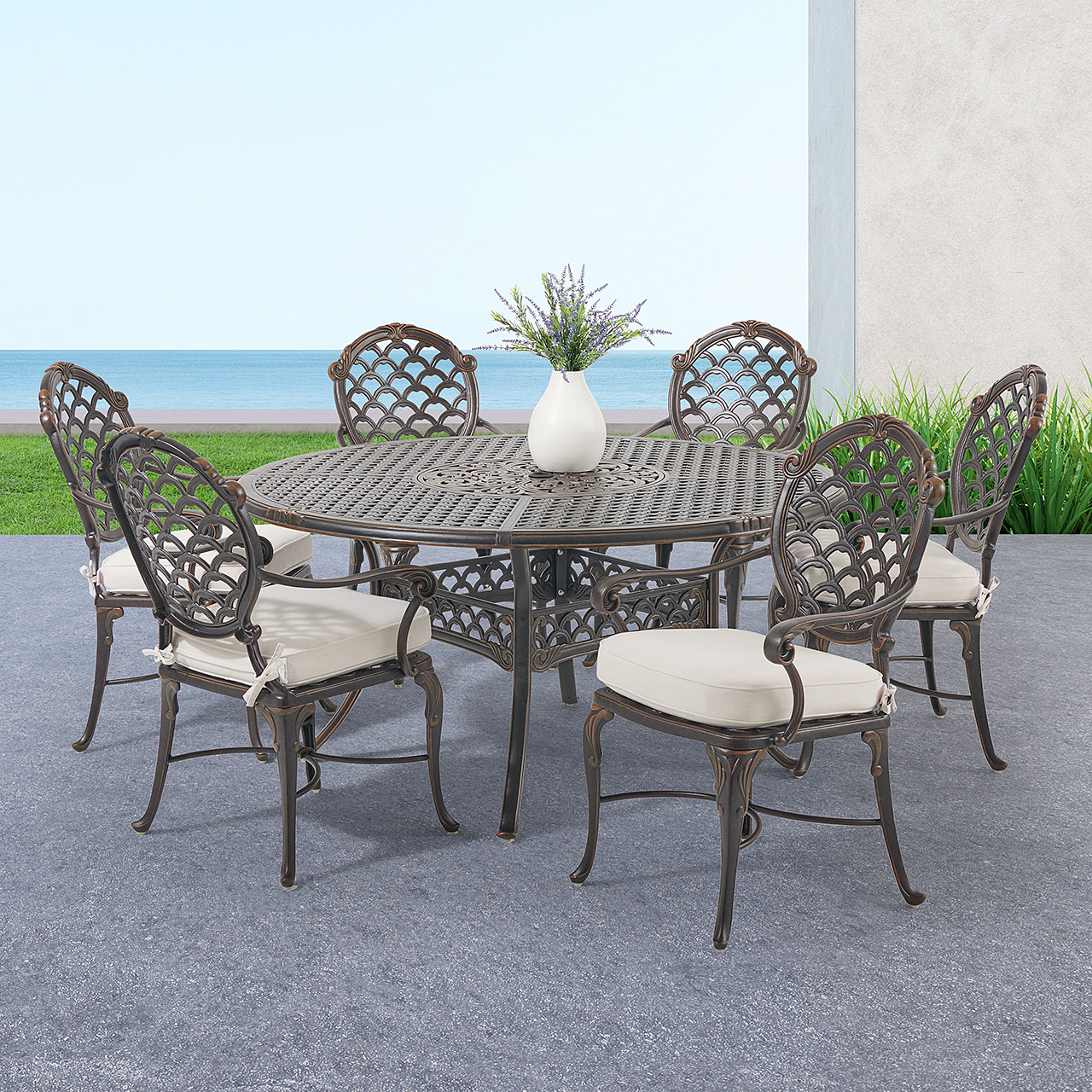 Bordeaux Golden Bronze Cast Aluminum with Cushions 7 Piece Dining Set 60 in. D Table with Inlaid Lazy Susan