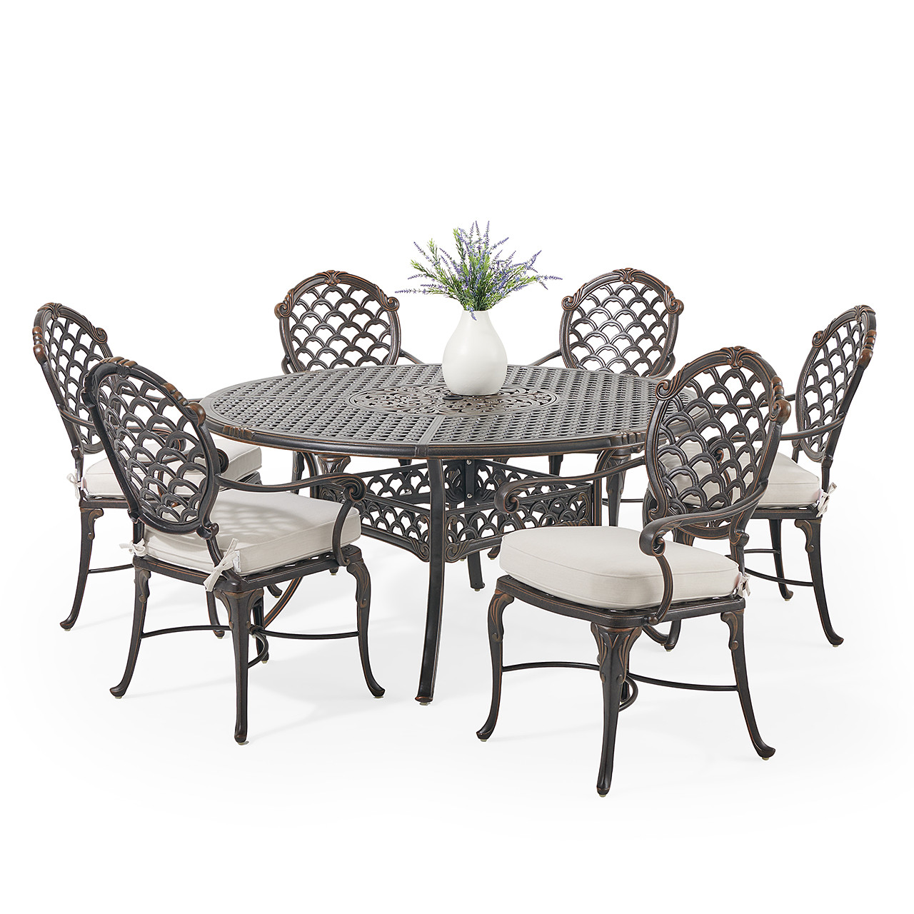 Bordeaux Golden Bronze Cast Aluminum with Cushions 7 Piece Dining Set + 60 in. D Table with Inlaid Lazy Susan
