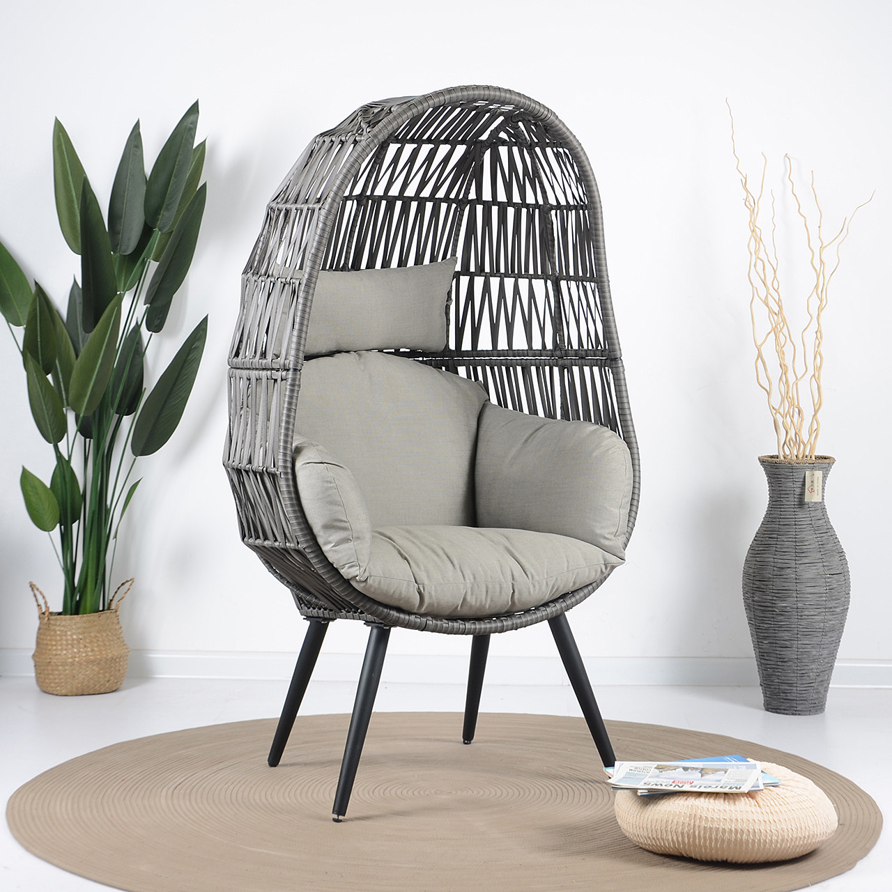 Boardwalk Matte Black Aluminum and Husk Wicker with Cushions Chair