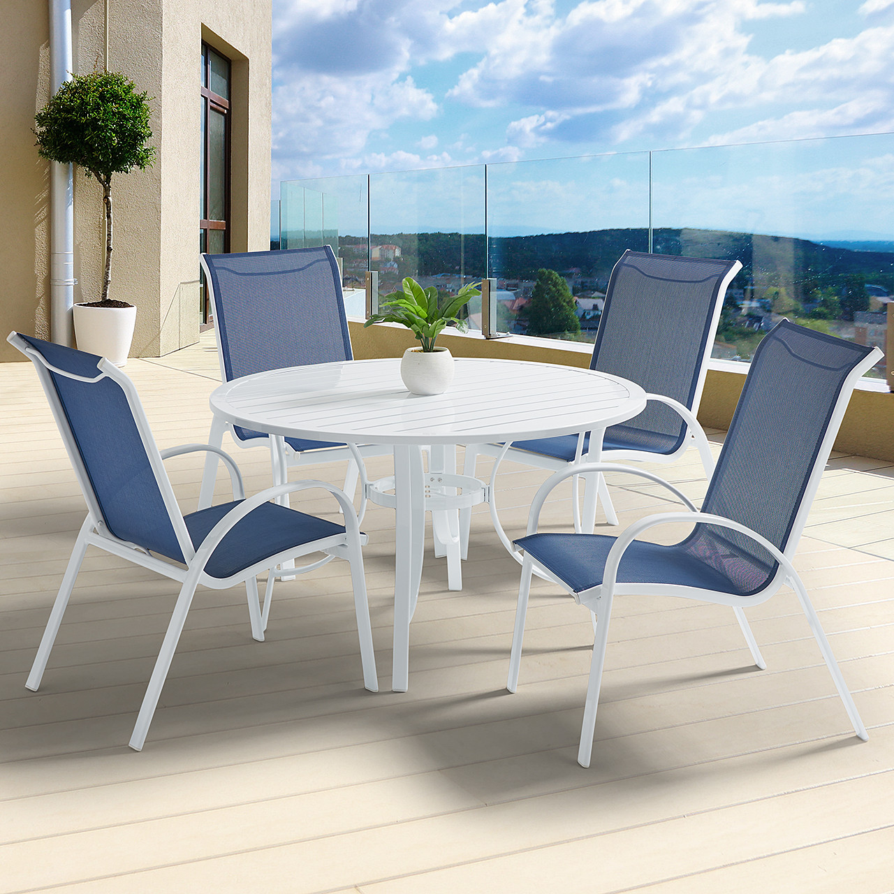 Cape Coral Aluminum with Sling 5 Piece Dining Set + 48 in. D Slat Top Table