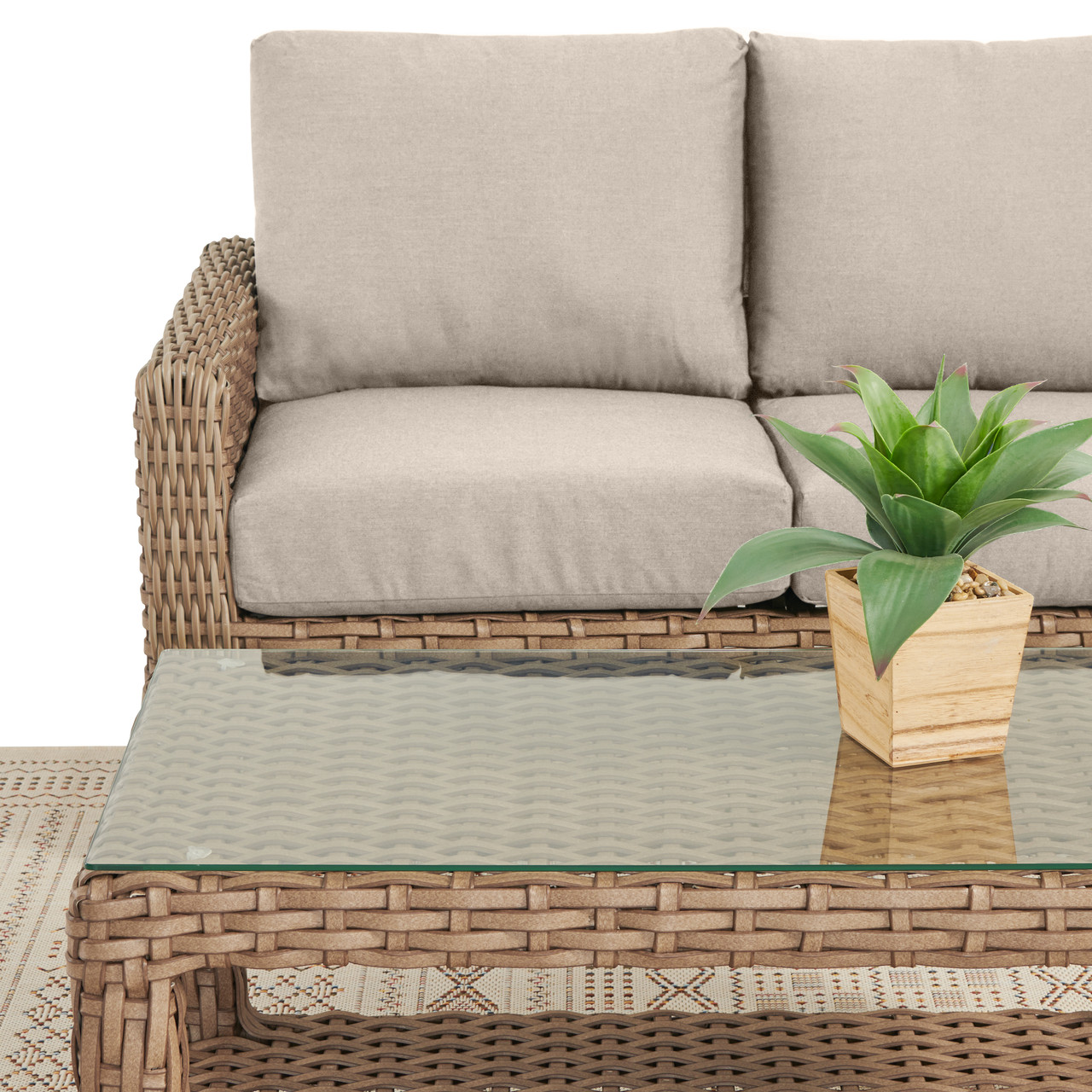 Siesta Aged Teak Outdoor Wicker with Cushions 4 Piece Loveseat Group + 42 x 24 in. Coffee Table