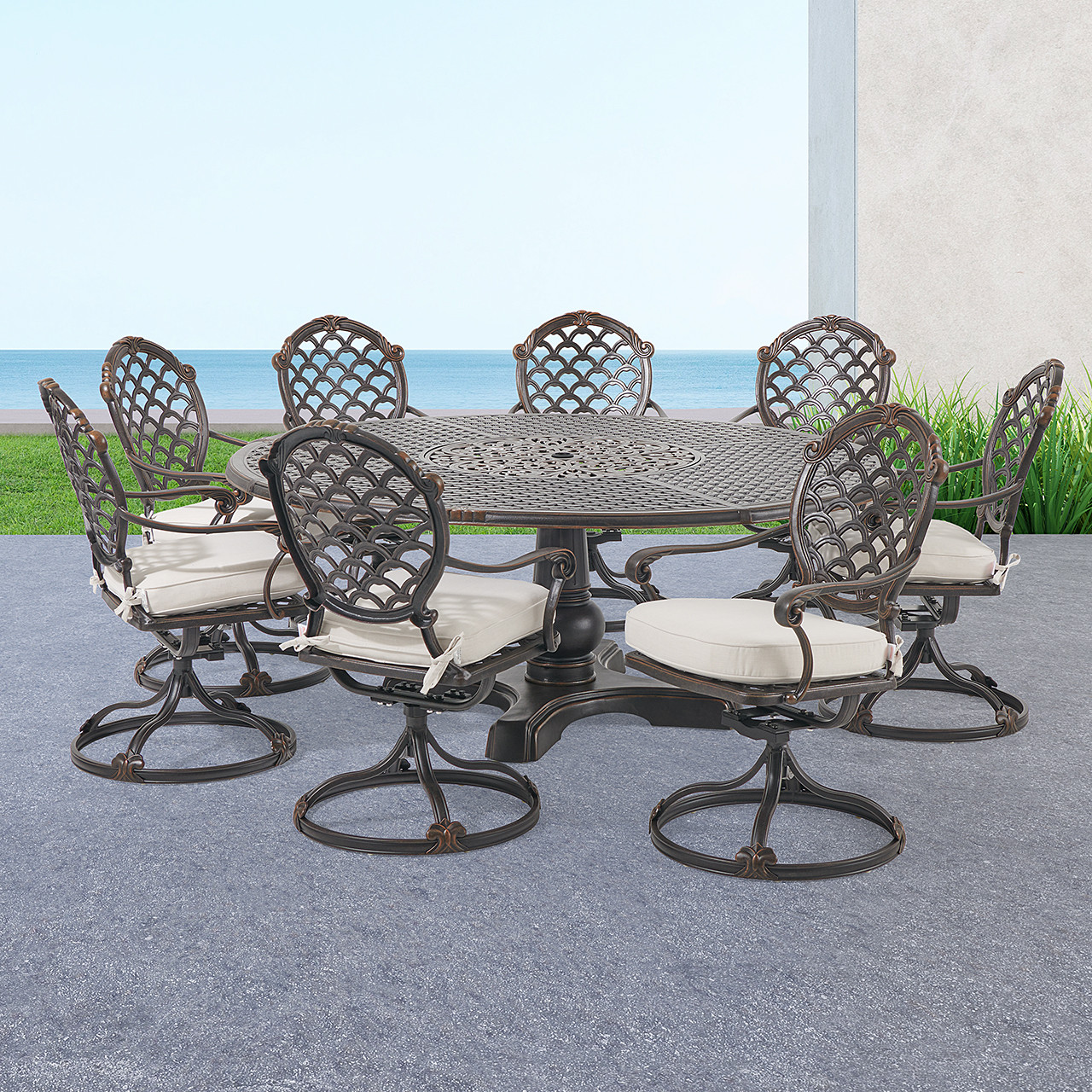 Bordeaux Golden Bronze Cast Aluminum with Cushions 9 Piece Swivel Dining Set 72 in. D Table with Inlaid Lazy Susan