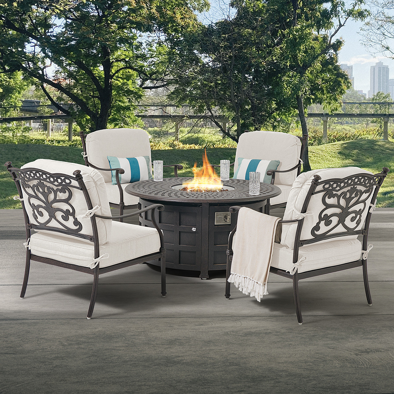 Milan Aged Bronze Cast Aluminum with Cushions 5 Piece Chat Group +
