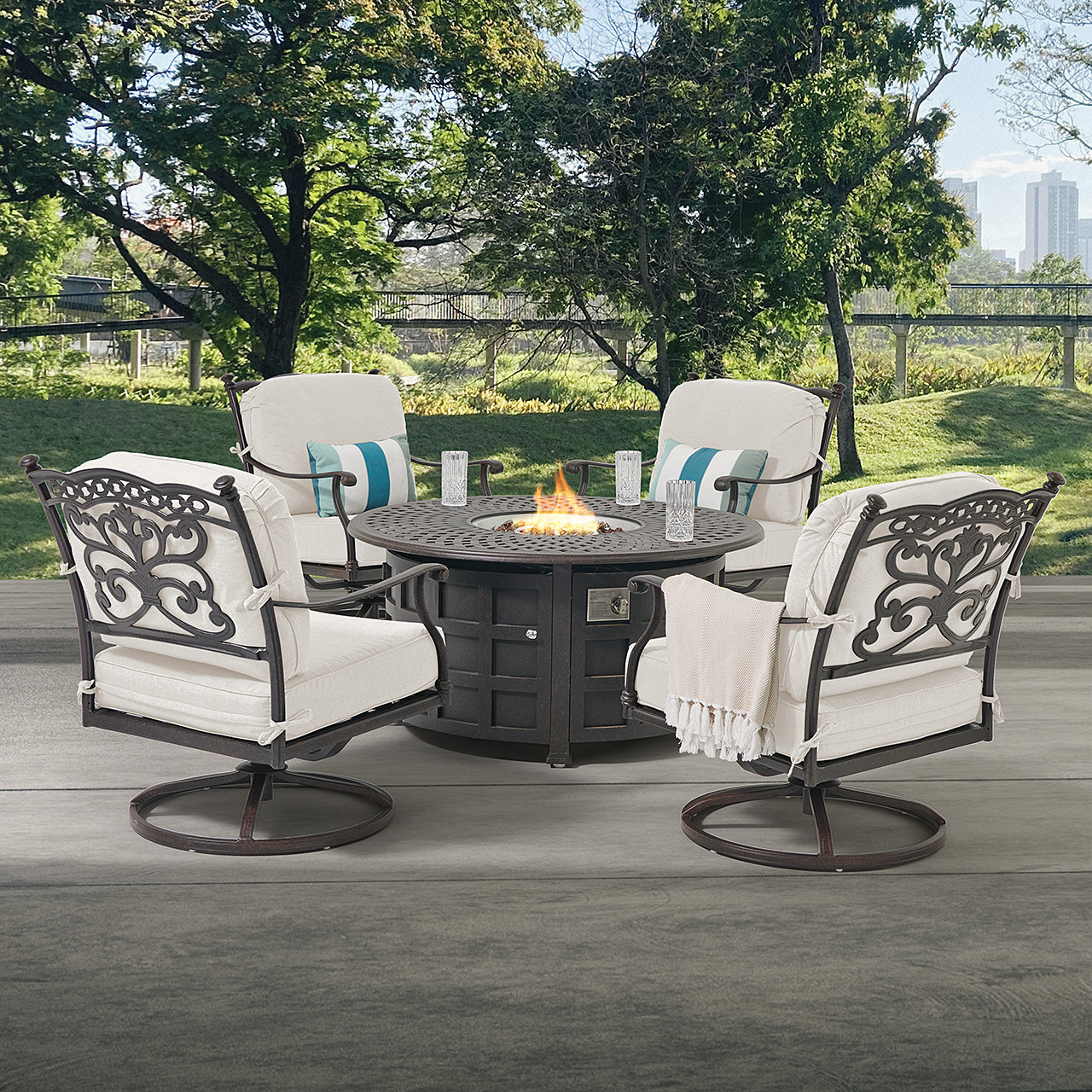Milan Aged Bronze Cast Aluminum with Cushions Piece Swivel Rocker Chat Group in 48 D Fire Pit Coffee Table