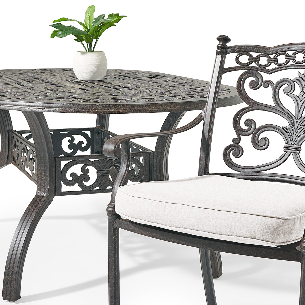 Milan Aged Bronze Cast Aluminum with Cushions 7 Piece Dining Set + 72 x 42 in. Table