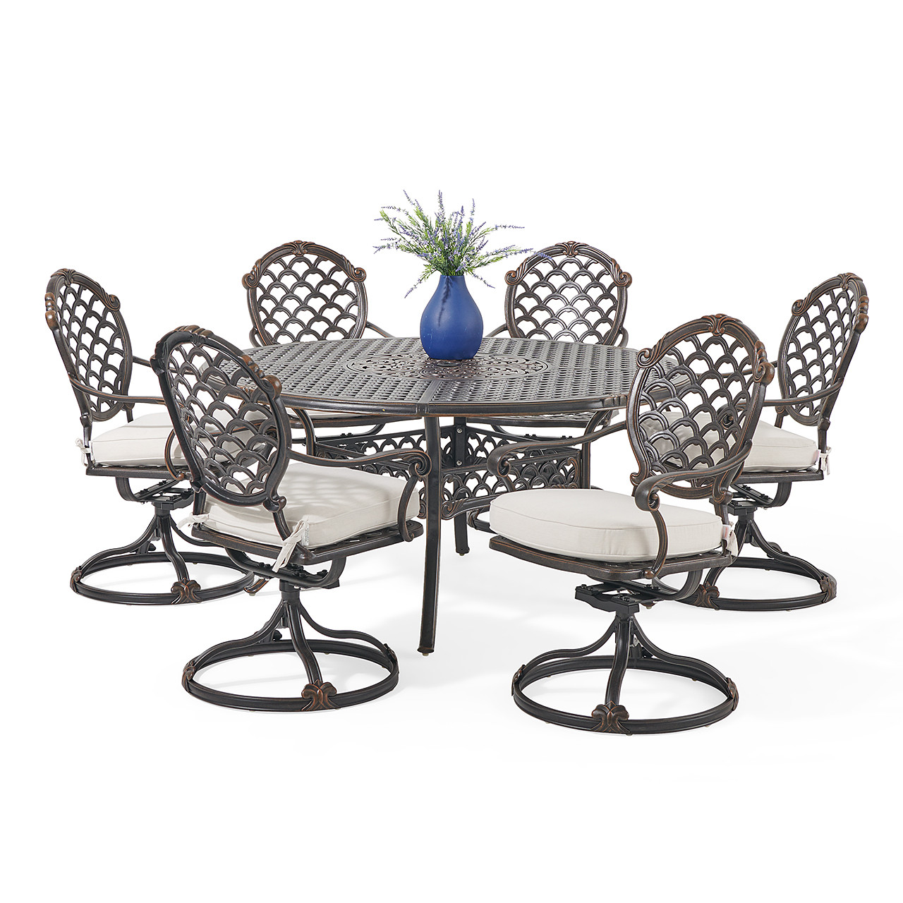 Bordeaux Golden Bronze Cast Aluminum with Cushions 7 Piece Swivel Dining Set + 60 in. D Table with Inlaid Lazy Susan