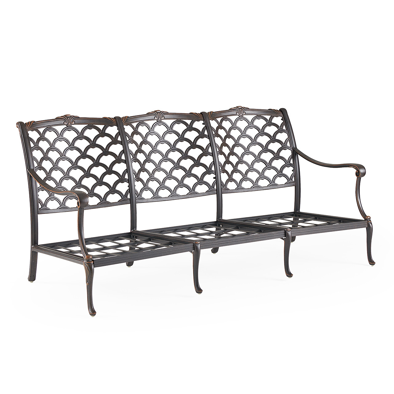 Bordeaux Golden Bronze Cast Aluminum with Cushions 3 Piece Sofa Group + Swivel Club Rocker + 48 x 26 in. Coffee Table