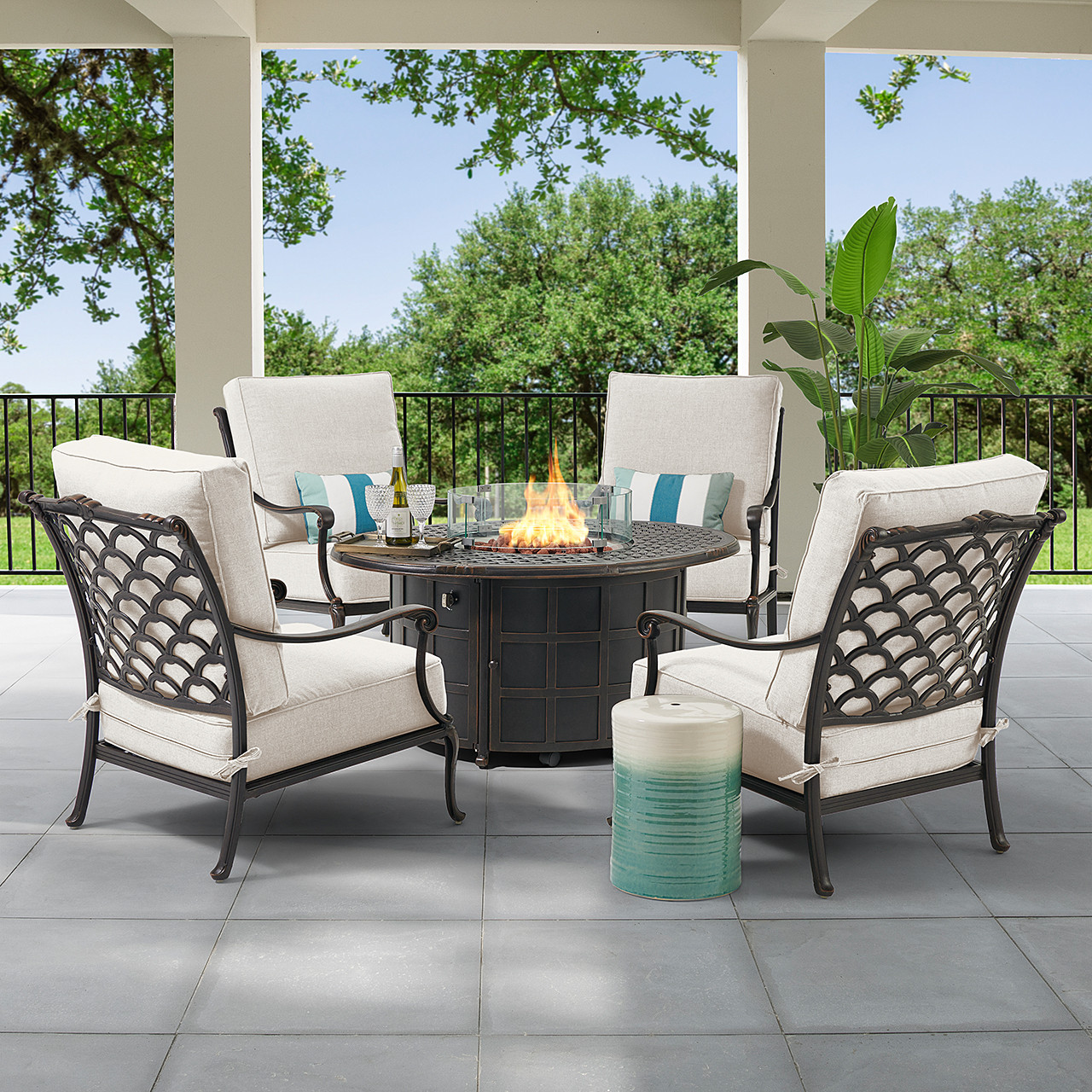 Bordeaux Golden Bronze Cast Aluminum with Cushions 5 Piece Chat Group + 52 x 39 in. Fire Pit Table
