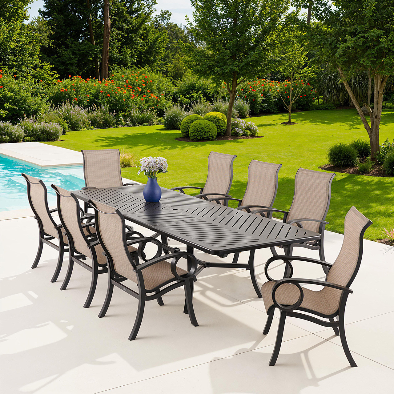 Eclipse Autumn Rust Aluminum with Elevation Stone Sling 9 Piece Dining Set + 86-128 x 44 in. Extension Table