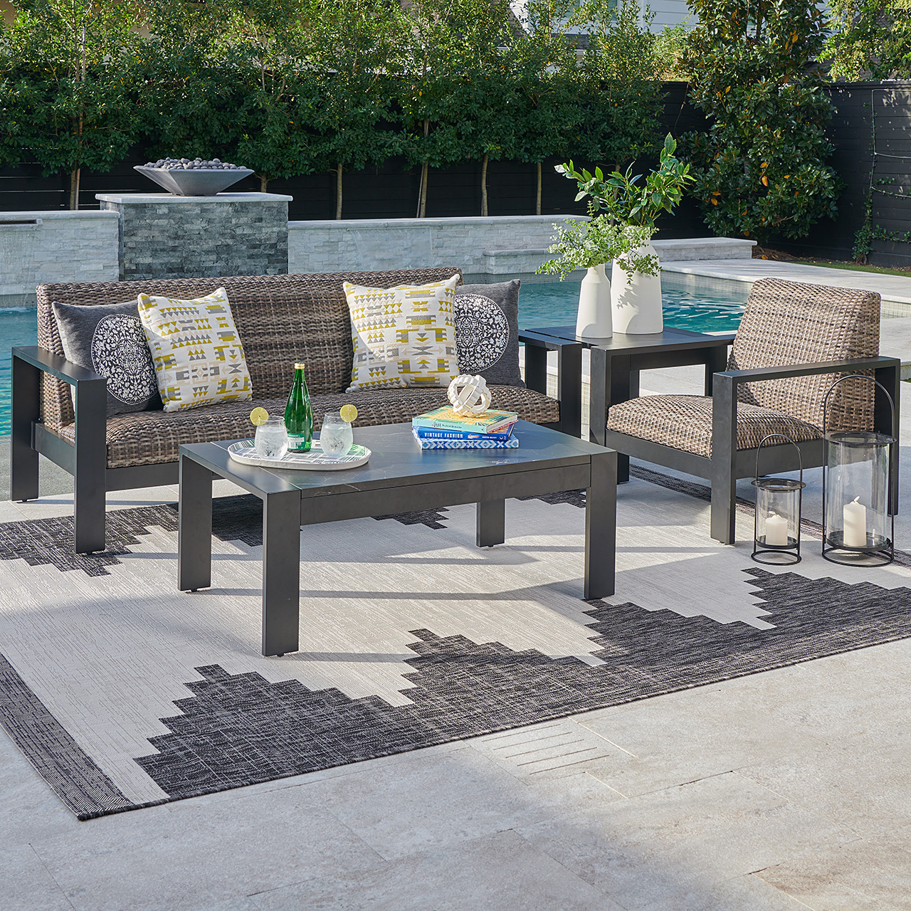 Chelsea Textured Black Aluminum and Weathered Teak Outdoor Wicker Concealed Cushions 3 Pc. Sofa Group + 46 x 26 in. Coffee Table 