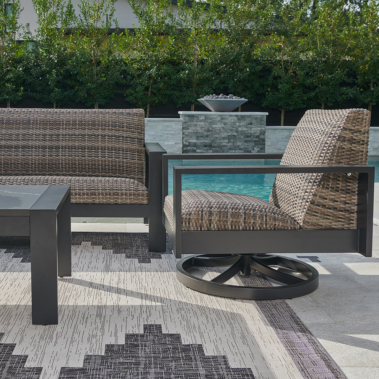 Chelsea Textured Black Aluminum and Weathered Teak Outdoor Wicker Concealed Cushions 3 Pc. Swivel Sofa Group + 46 x 26 in. Coffee Table 