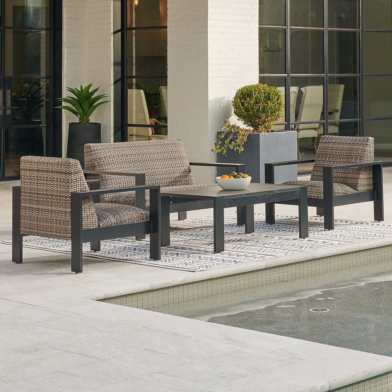 Chelsea Textured Black Aluminum and Weathered Teak Outdoor Wicker