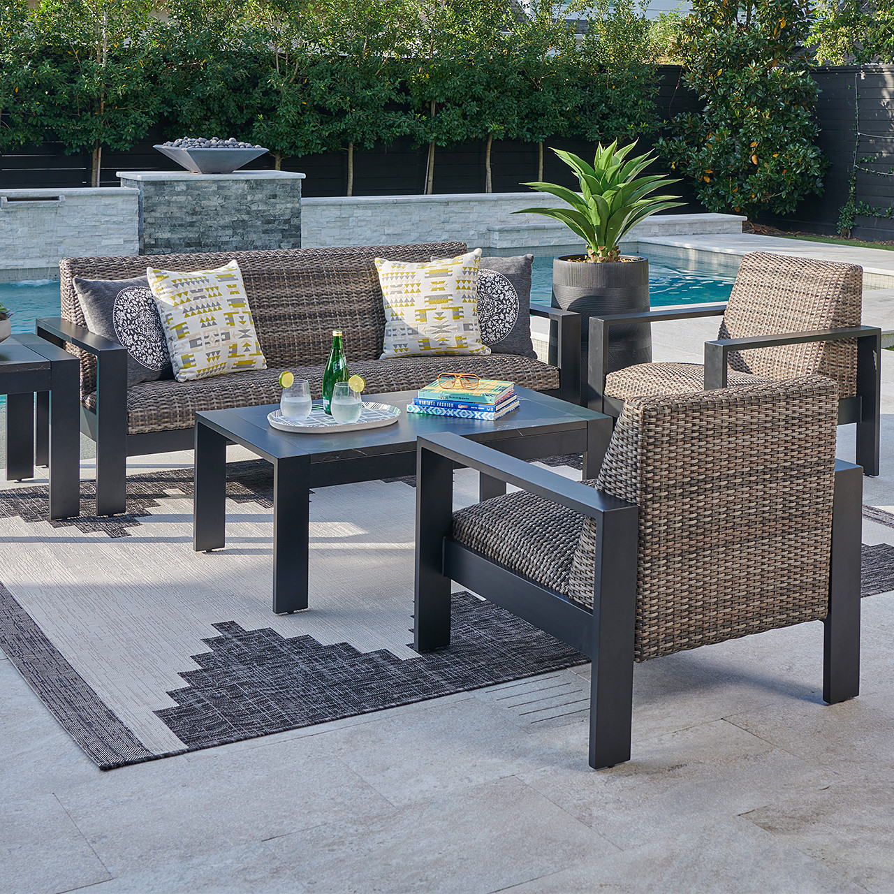 Chelsea Textured Black Aluminum and Weathered Teak Outdoor Wicker Concealed Cushions 4 Pc. Sofa Group + 46 x 26 in. Coffee Table 