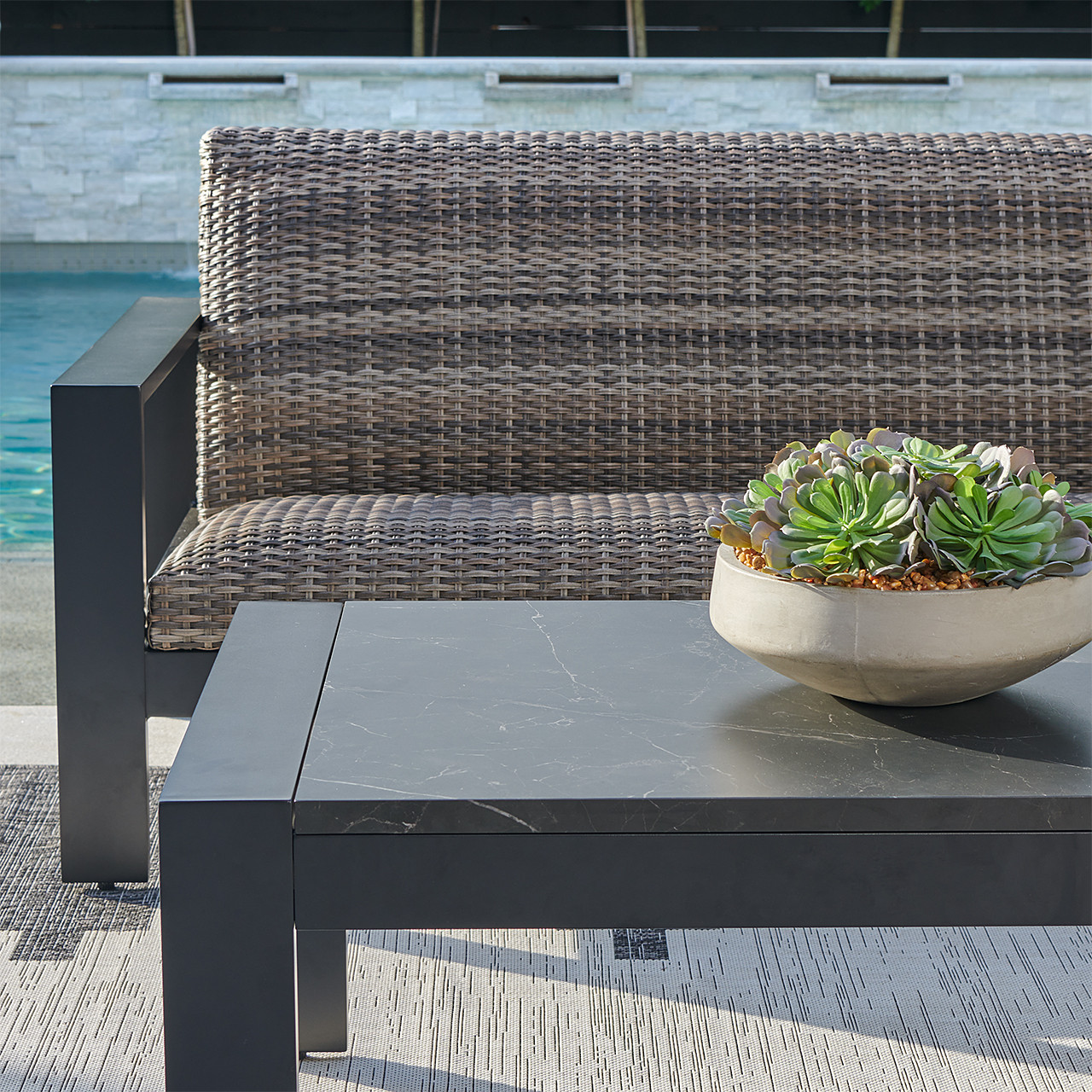 Chelsea Textured Black Aluminum and Weathered Teak Outdoor Wicker Concealed Cushions 4 Pc. Sofa Group + 46 x 26 in. Coffee Table 