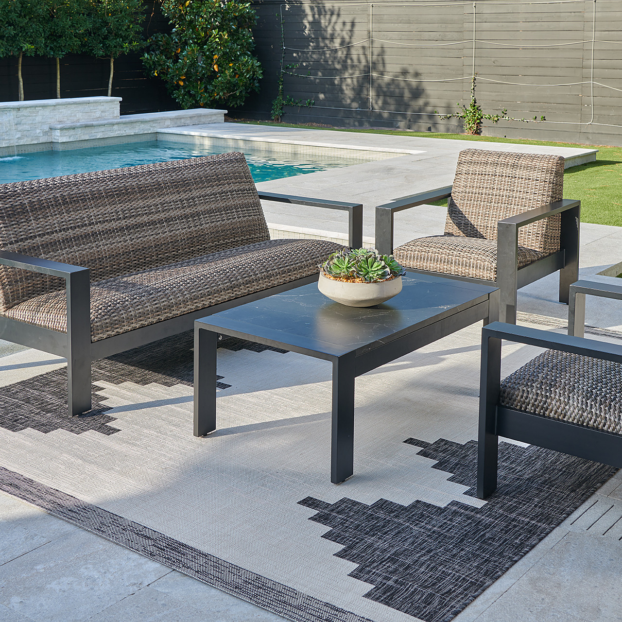 Chelsea Textured Black Aluminum and Weathered Teak Outdoor Wicker