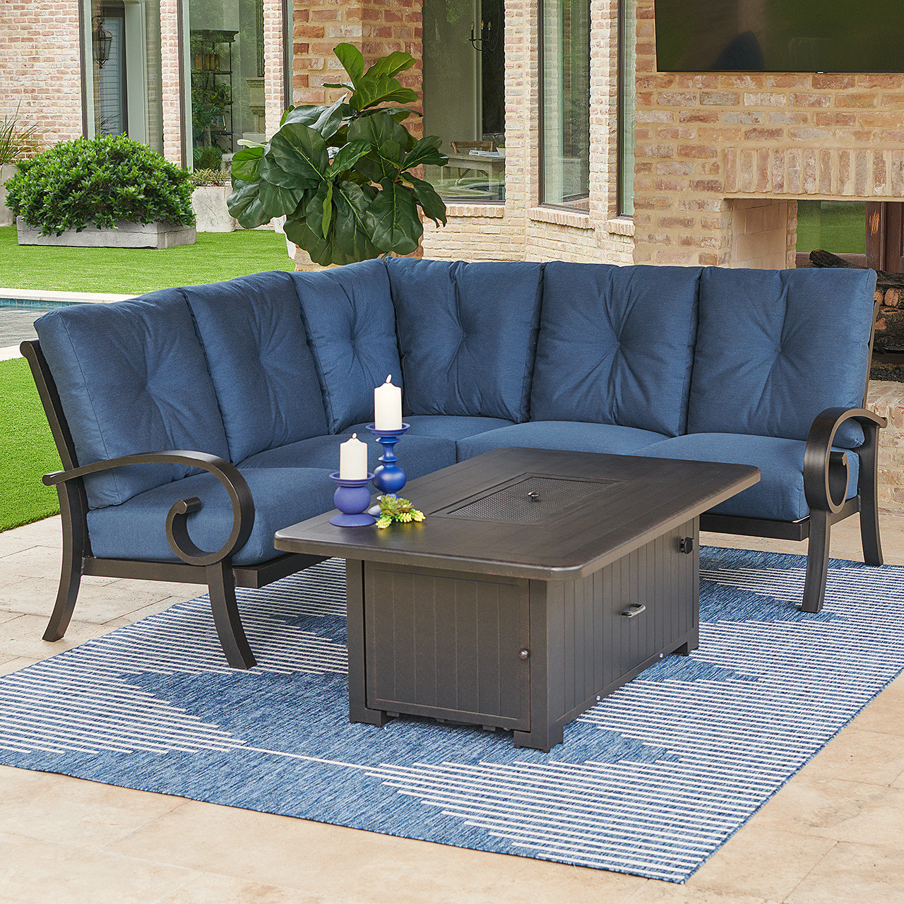 Solstice Aged Bronze Aluminum with Cushions 4 Piece Sectional Group + 58 x 36 in. Fire Pit Coffee Table