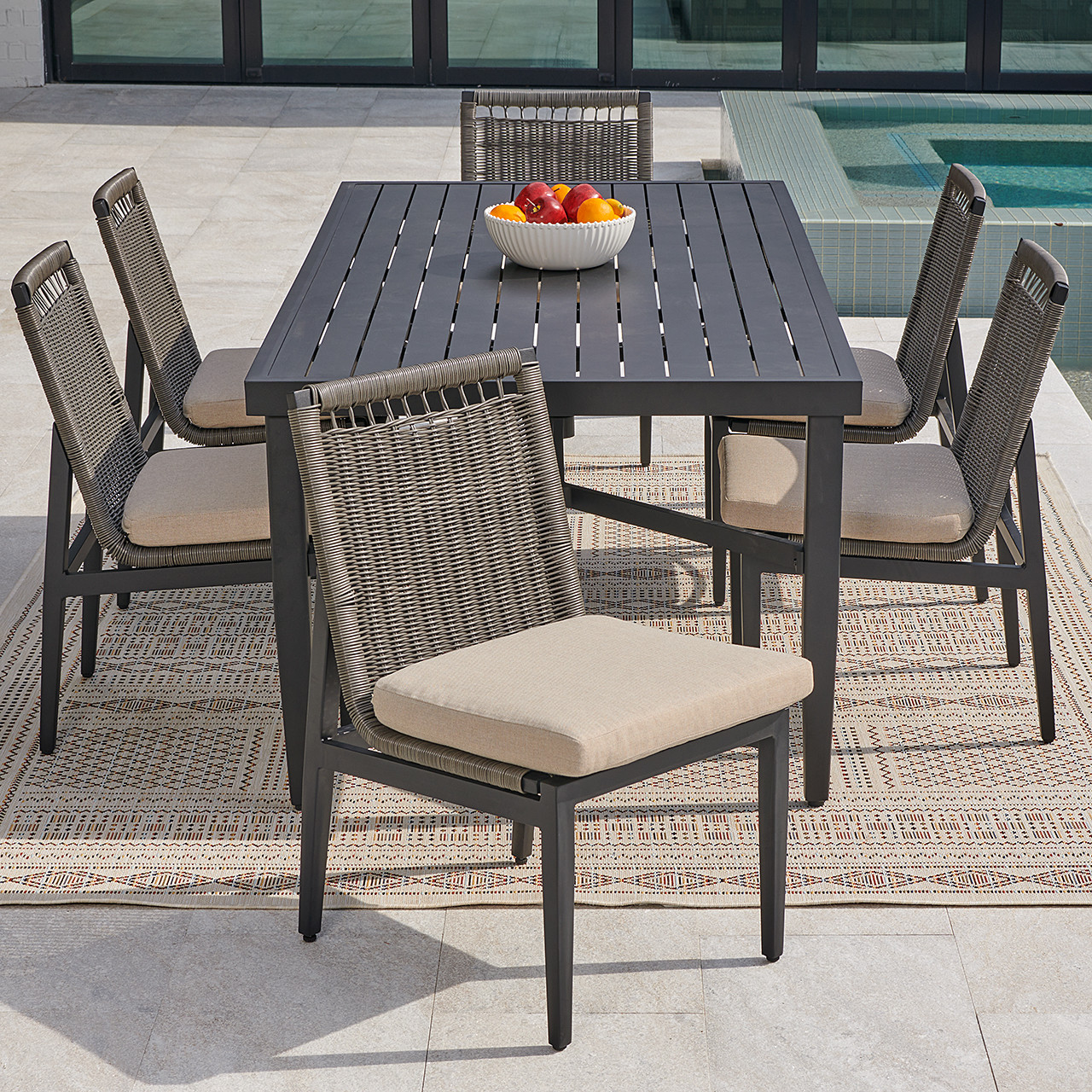 Tulum Husk Midnight Aluminum with Cushions 7 Piece Side Dining Set + 84 X 40 in. Rect. Dining Table