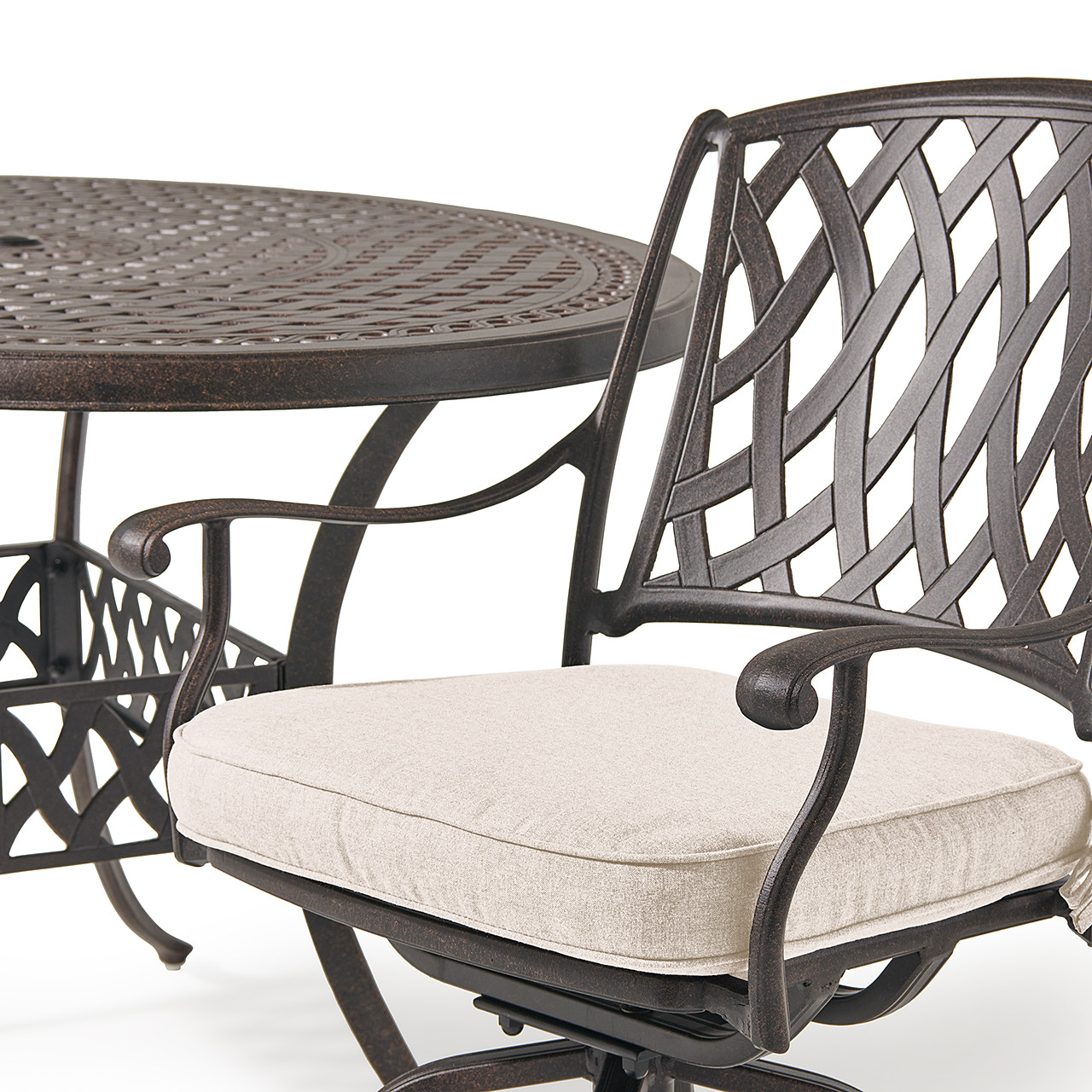 Tivoli Aged Bronze Cast Aluminum with Cushions 7 Piece Swivel Gathering Height Set + 66 x 44 in. Gathering Height Table