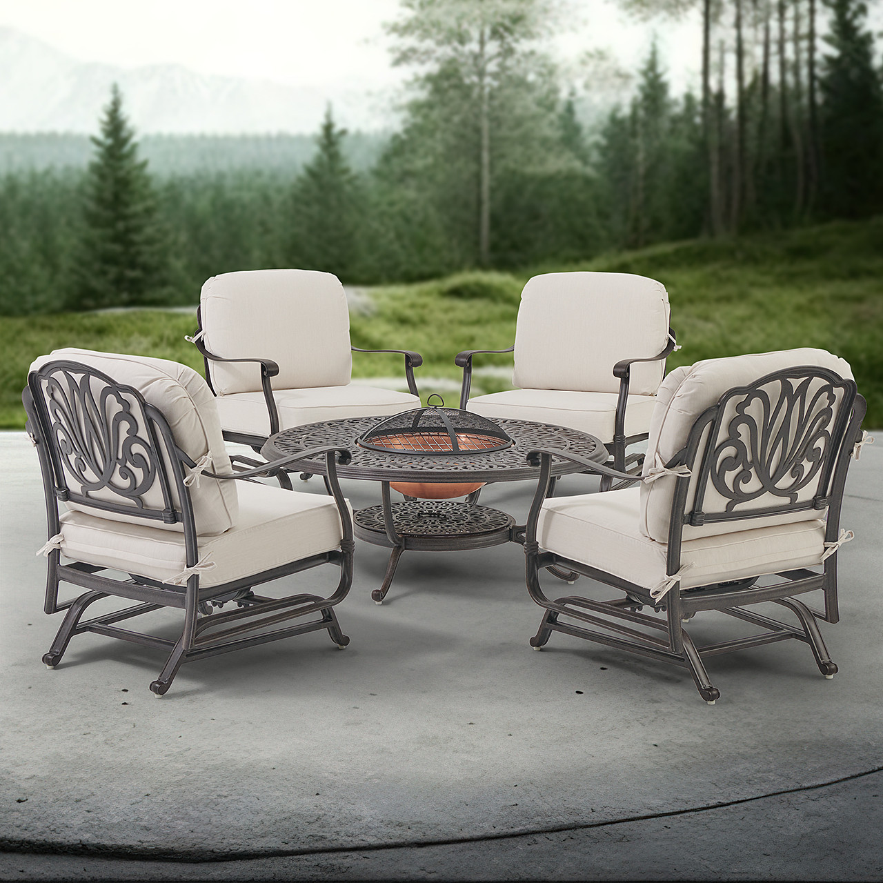 Cadiz Aged Bronze Cast Aluminum with Cushions 5 Piece Spring Chat Group + 48 in. D Fire Pit Table