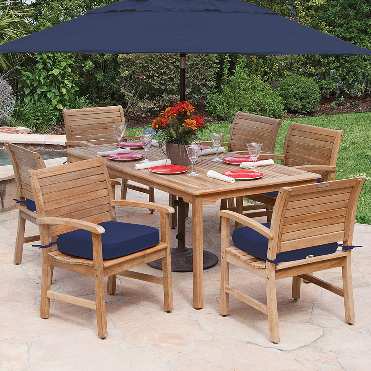 Pembroke Solid Teak and Cushion 7 Pc. Dining Set with 71 x 39 in. Table