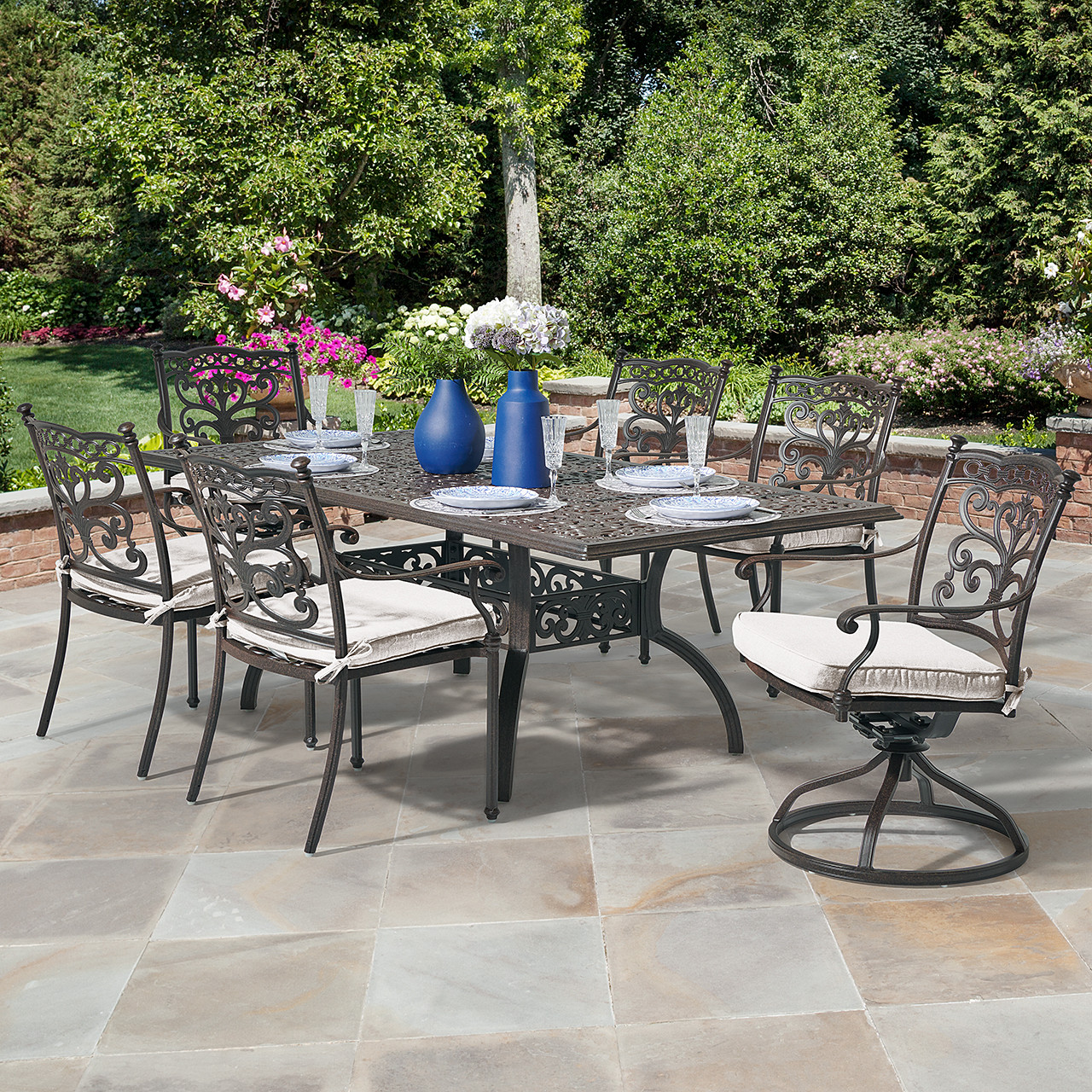 Milan Aged Bronze Cast Aluminum with Cushions 7 Piece Swivel Combo Dining Set + 84 x 42 in. Table
