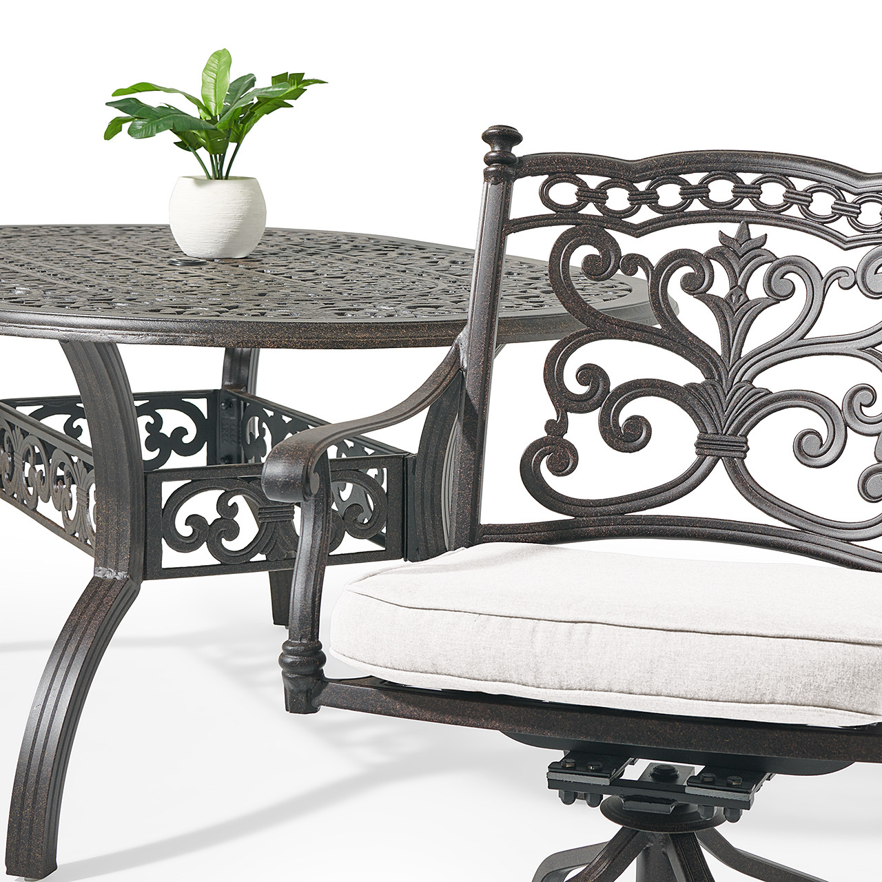 Milan Aged Bronze Cast Aluminum with Cushions 7 Piece Swivel Combo Dining Set + 72 x 42 in. Table